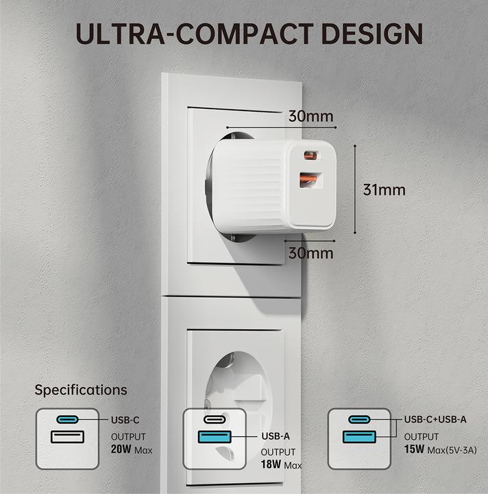 Immagine prodotto 4smarts Caricabatterie da rete VoltPlug Duos Mini PD 20W e cavo USB-C 1,5m bianco (20 W)