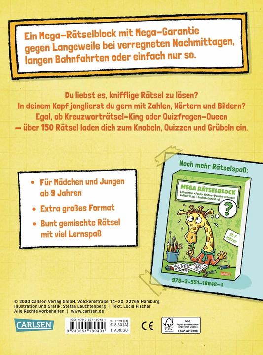 Produktbild Mega Rätselblock – Kreuzworträtsel, Quizfragen, Knobeleien, Wörterrätsel, Zahlenrätsel (Deutsch, Lucia Fischer, 2020)