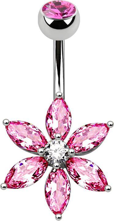 Star Piercing Banane silber mit Kristallblume pink (Chirurgenstahl 316L, Messing)
