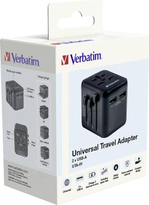 Actual product image Verbatim Universal Travel Adapter with 2 x USB-A ports