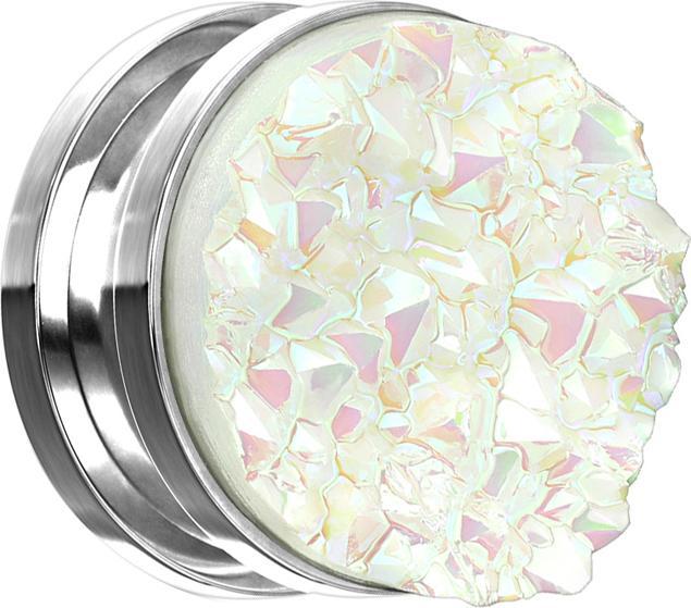Produktbild Star Piercing Flesh Plug silber mit Druse Stein weiss (Chirurgenstahl 316L)