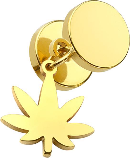 Star Piercing Fake Plug vergoldet mit Anhänger Hanfblatt (ohne Messing, Chirurgenstahl 316L)