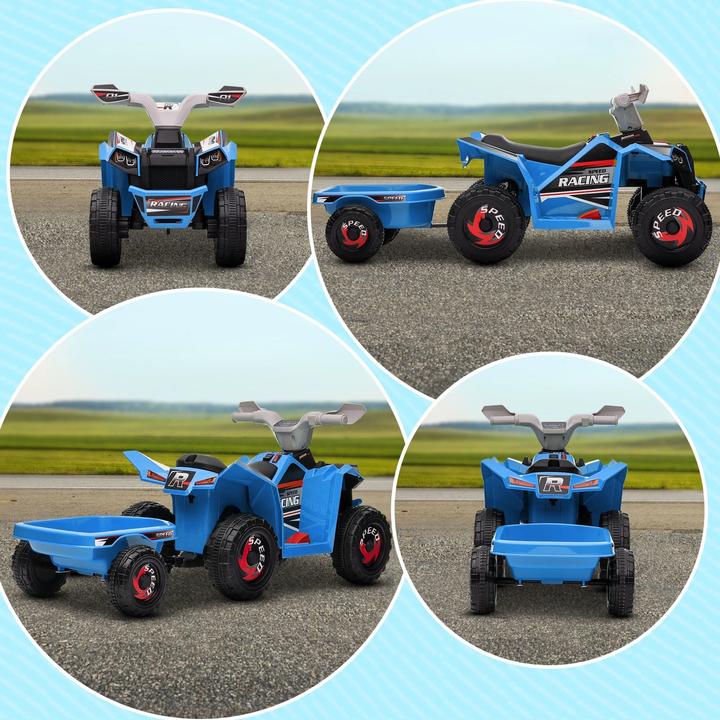Produktbild Homcom Kinderquad, aufladbar, 2,5 km/h, mit Anhänger, 50 Min. Fahrzeit, für Kinder 1,5 bis 3 Jahre, Blau (6 V)