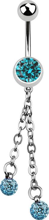 Star Piercing Banane silber mit Kette und zwei Kristallkugeln aqua (Chirurgenstahl 316L, ohne Messing)