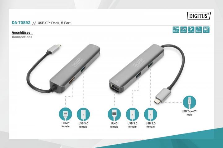Produktbild Digitus USB-C™ Dock, 5-Port (USB-C, 5 Ports)