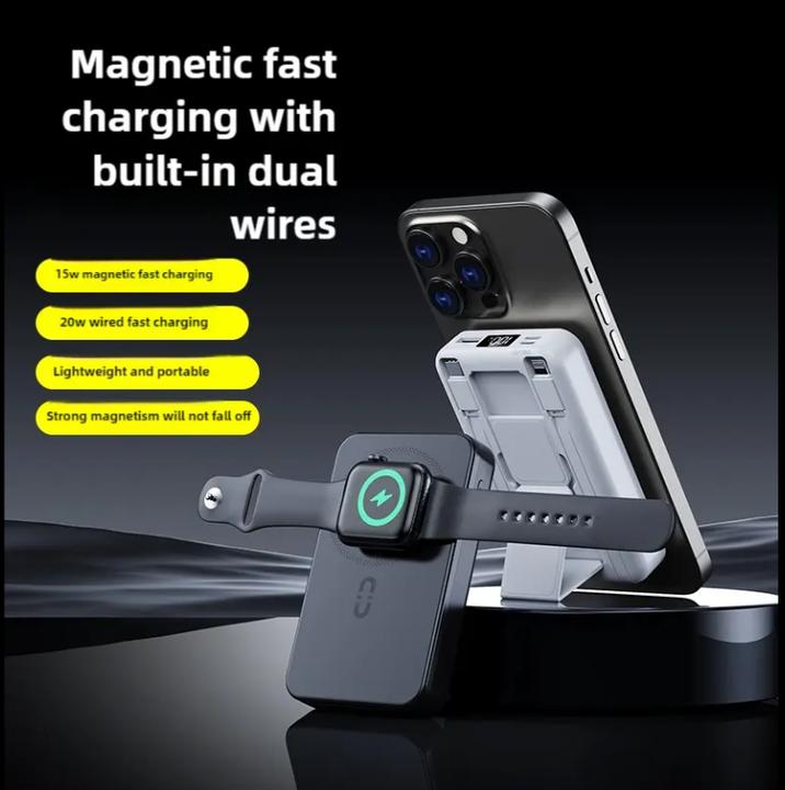 Produktbild Plutoos MagSafe Power Bank fur iPhone, Watch, AirPods mit Halterung 22.5W PD & 15W Magsafe & 10000mAh (22.50 W)