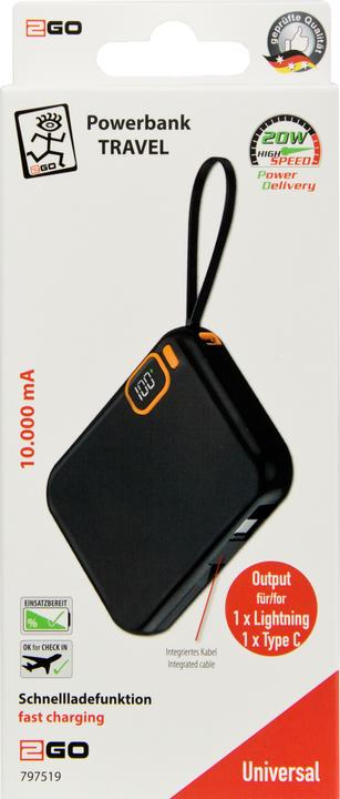 Produktbild 2GO Powerbank Travel 10000mAh USB-C (10000 mAh, 42.50 W, 42.50 Wh)