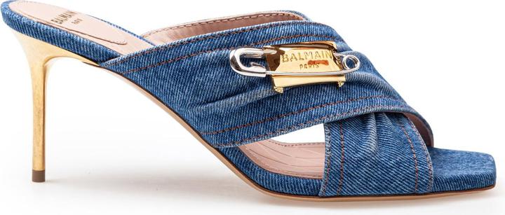 Actual product image Balmain safety mule in denim fabric with applied pin (40)