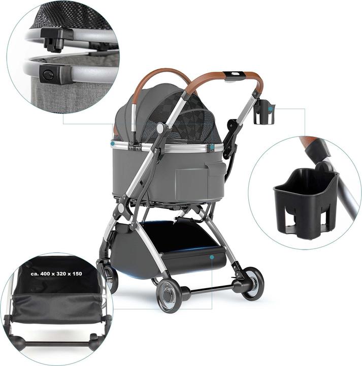 Actual product image Fudajo 2in1 Dog Buggy Foldable Dog Pram Grey Domestic Animals’ Pushchair with Rack Transport Bag (Cat, Dog, Breathable, Foldable)