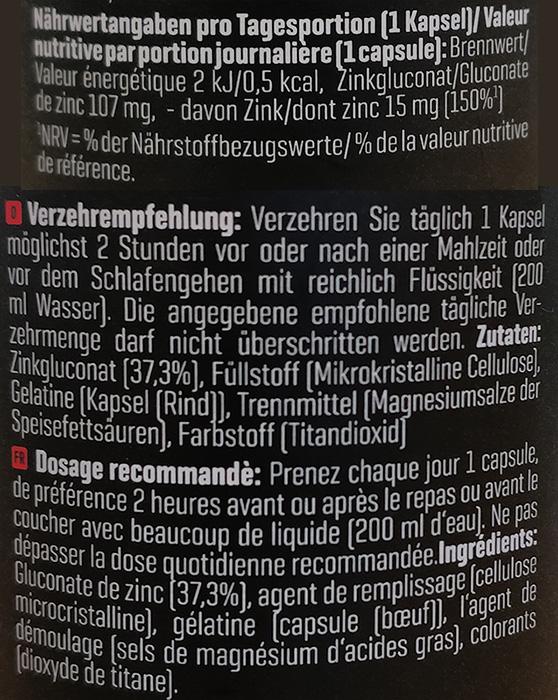 Nutritional values and ingredients Body Attack Zinc Pro (160 Piece, Capsules)