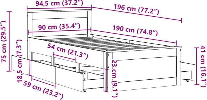 Produktbild VidaXL Bett ohne Matratze mit Kopfteil (90 x 190 cm)