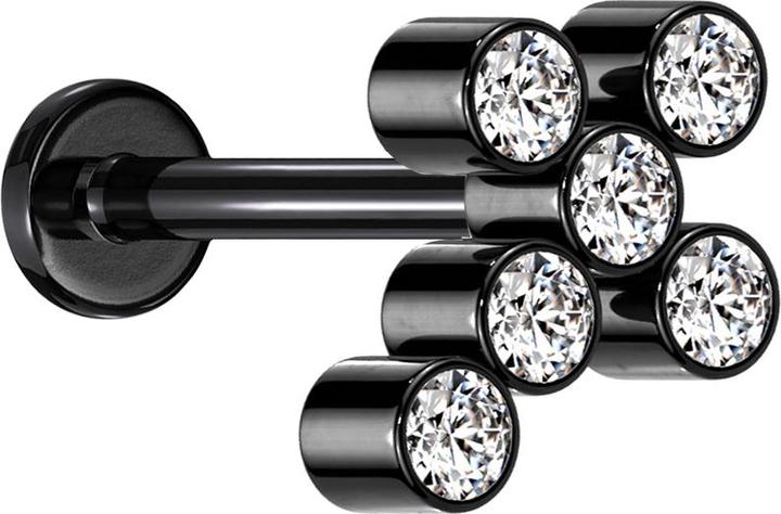 Star Piercing Micro Labret Innengewinde schwarz Kreuz sechs Kristalle silber (ohne Messing, Titan G23)