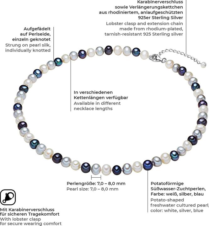 Produktbild Valero Pearls Damen Sterling Silber Süsswasser-Zuchtperle Multicolor - 2244 (Sterling Silber, 70 cm)
