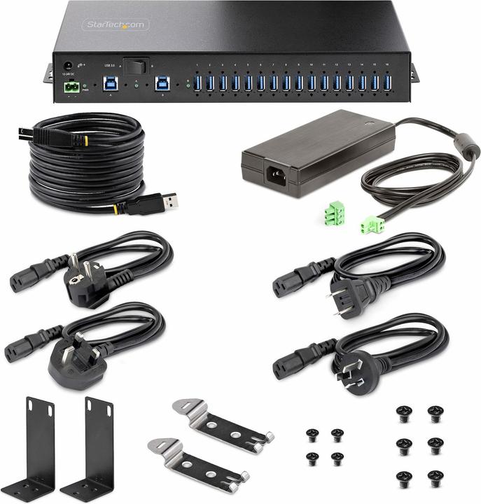 Produktbild StarTech COM 16-Port Industrie USB 3.0 Hub mit Netzteil 5Gbps Verteiler/Mehrfachstecker fur DIN/Rack (USB-B, 16 Ports)