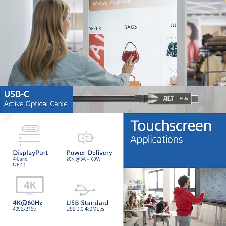 Actual product image USB-C 3.2 Gen2 Active Optical Cable (AOC), for touch panels, video, data, power, 3m (3 m, USB 3.2 Gen 2)