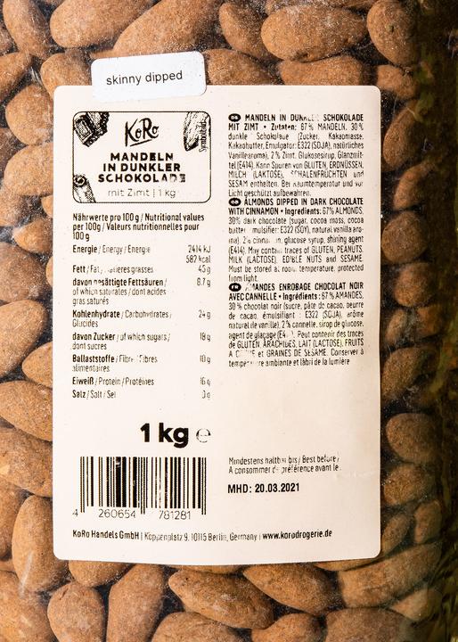 Nährwerte und Zutaten KoRo Geröstete Mandelkerne in dunkler Schokolade mit Zimt (1000 g)