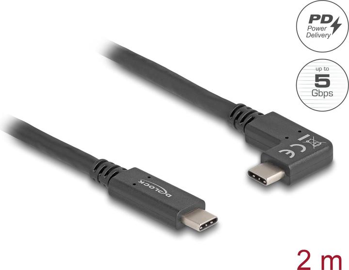Produktbild Delock USB 5 Gbps Kabel USB Type-C™ Stecker zu Type-C™ Stecker gewinkelt links / rechts 2 m 4K PD 60 W mit (2 m, USB 3.0)