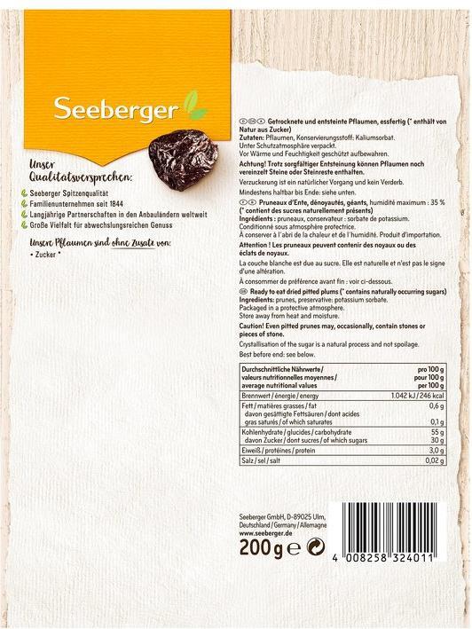 Nährwerte und Zutaten Seeberger Pflaumen entsteint (200 g)