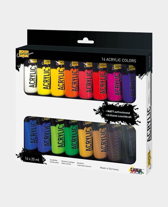 Produktbild Kreul Solo Goya (Gelbgrün, Primärblau, Ultramarinblau, Zitron, Echtorange, Permanentgrün, Goldocker, Dunkelbraun, zinnoberrot, Magenta, Kadmiumgelb, Schwarz, Lichter Ocker, Weiss, Violett, 320 ml)
