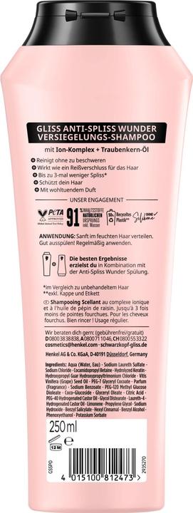 Actual product image Gliss Sealing Shampoo Split Hair Miracle 250ml, Shampoo with Ionic Complex & Grape Seed Oil, S (250 ml, Liquid shampoo)