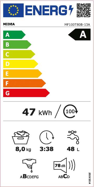 Label énergétique Midea MF100T80B-13A (8 kg, Vers le haut)