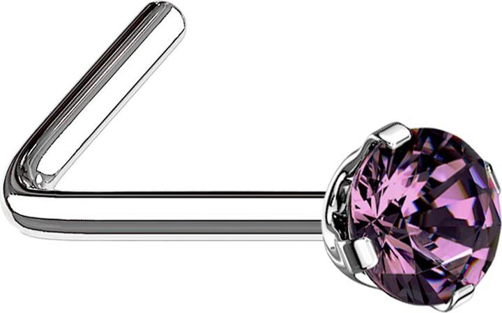 Star Piercing Nasenstecker gewinkelt silber runder Kristall violett gefasst (ohne Messing, Chirurgenstahl 316L)