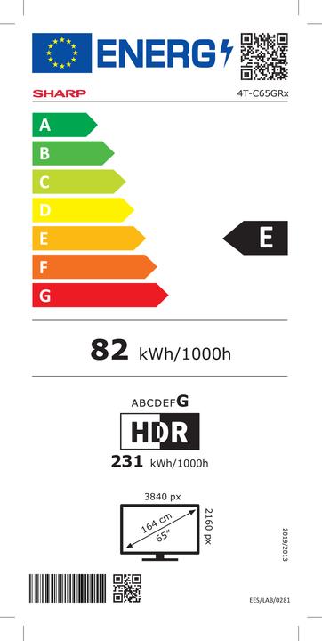 Energielabel Sharp 65GR8265E 65" (164cm) 4K Ultra HD QLED Smart Google Frameless TV, 144Hz, Dolby Vision IQ, Dolby Atmo (65", GR8, QLED, 4K)