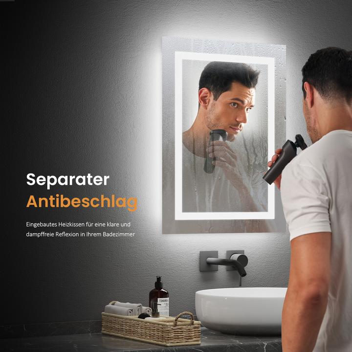 Produktbild Emke Badezimmerspiegel mit Beleuchtung 50*60cm,Beschlagfrei, 3000K/6500K,Tast Schalter