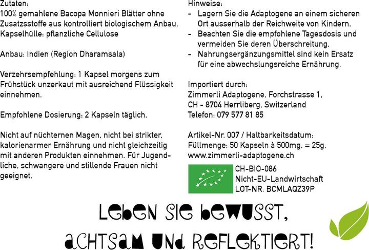 Nährwerte und Zutaten Zimmerli Adaptogene Bacopa Brahmi Kapseln (BIO) 50 Kapseln (1 Stück, Kapseln, 25 g)