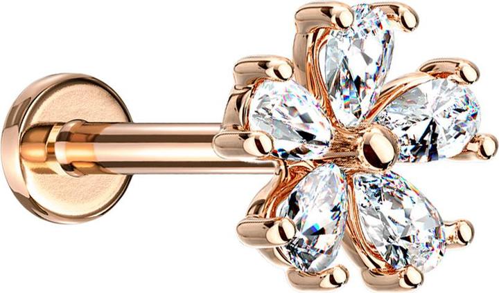 Star Piercing Micro Labret Innengewinde rosegold Blume mit Kristalltropfen (Messing, Chirurgenstahl 316L)