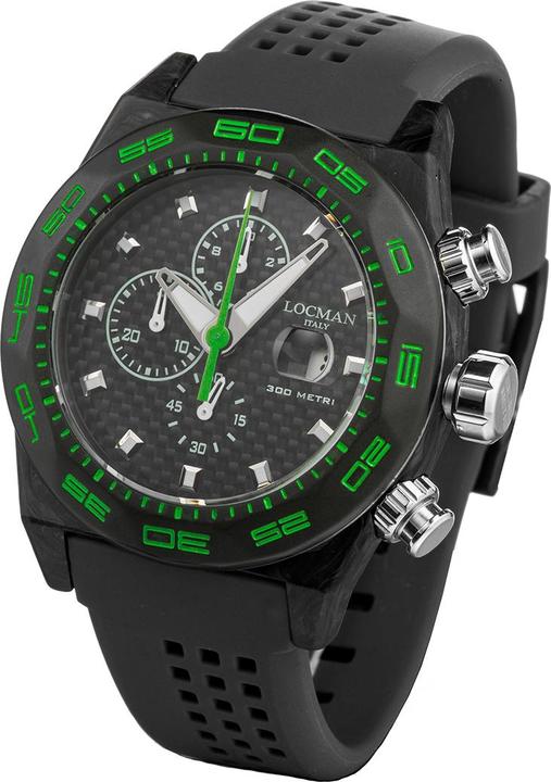 Locman Italy Herrenuhr Stealth Carbon Chronograph schwarz/grün Ref. 0218 (Chronograph, 46 mm)