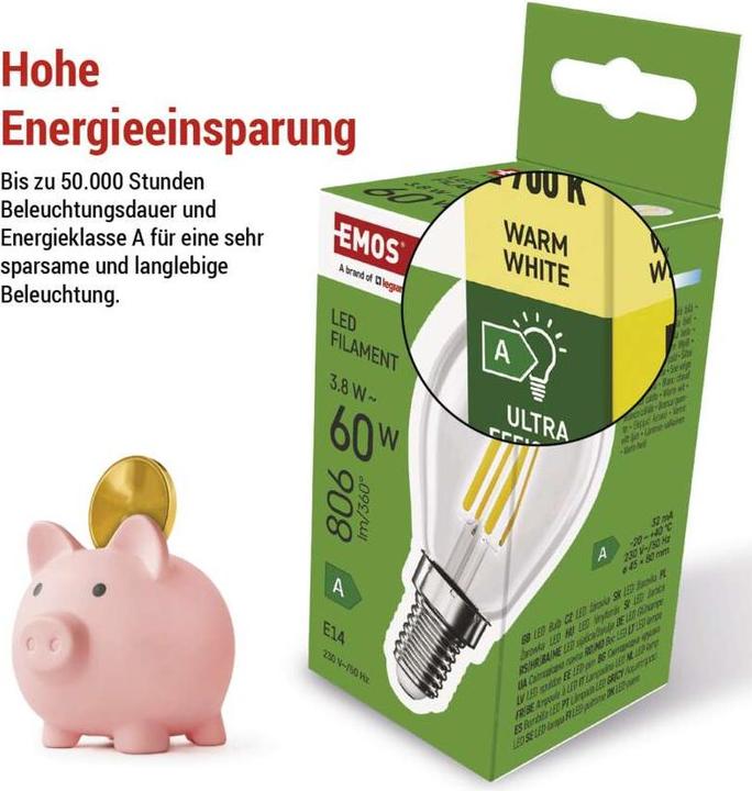 Produktbild Emos LED Lampe Filament Mini Globe A CLASS / E14 / 3,8 W (60 W) / 806 lm / Warmweiss (E14, 3.80 W, 806 lm, 1 x, A)