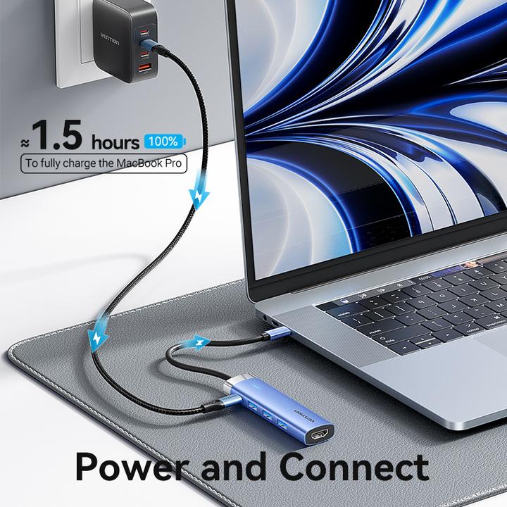 Produktbild Vention USB-C to HDMI/USB 3.0 x 3/PD Docking Station 0.15M Blue Aluminum Alloy Type (USB-C)