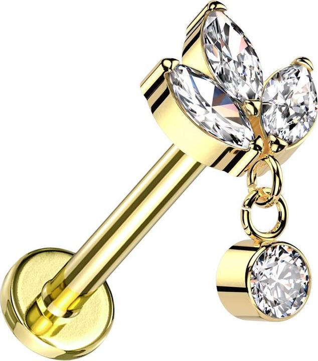 Star Piercing Micro Labret Innengewinde vergoldet drei Ovale Kristalle silber Anhänger Kristall silber (ohne Messing, Titan G23)