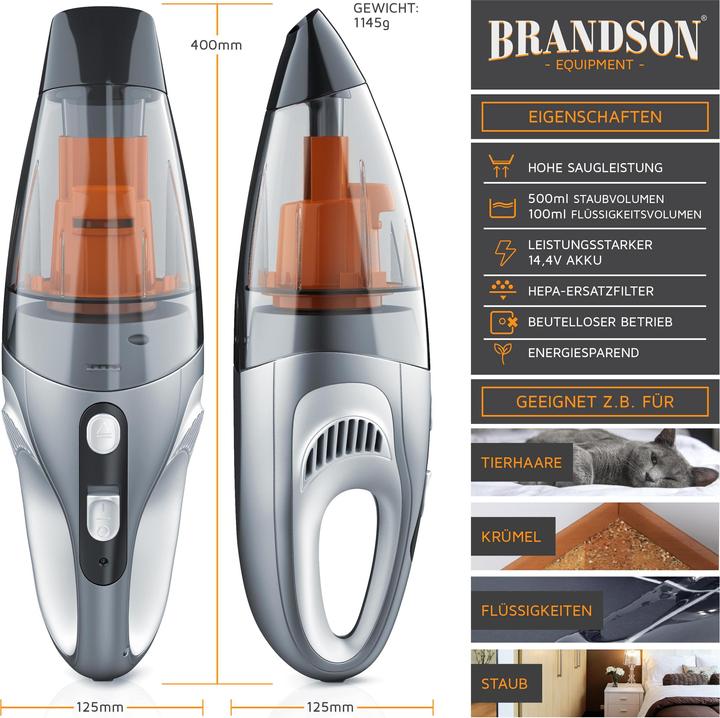 Image du produit Brandson Aspirateur à main à batterie 85 W, sans sac, Aspirateur à main à batterie avec filtre HEPA sans sac