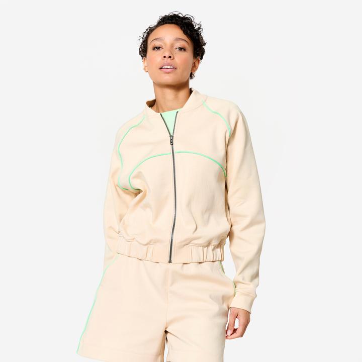 Image du produit Domyos Veste bombers zipée femme, beige avec piping vert. (XL)
