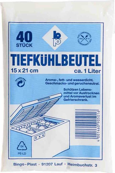 Produktbild Bingo Plast Tiefkuehlbeutel (Fuer Kuehlschrank und Gefriertruhe * L x B: 15 x 21 cm, 1 Liter, 40 S (40 x)