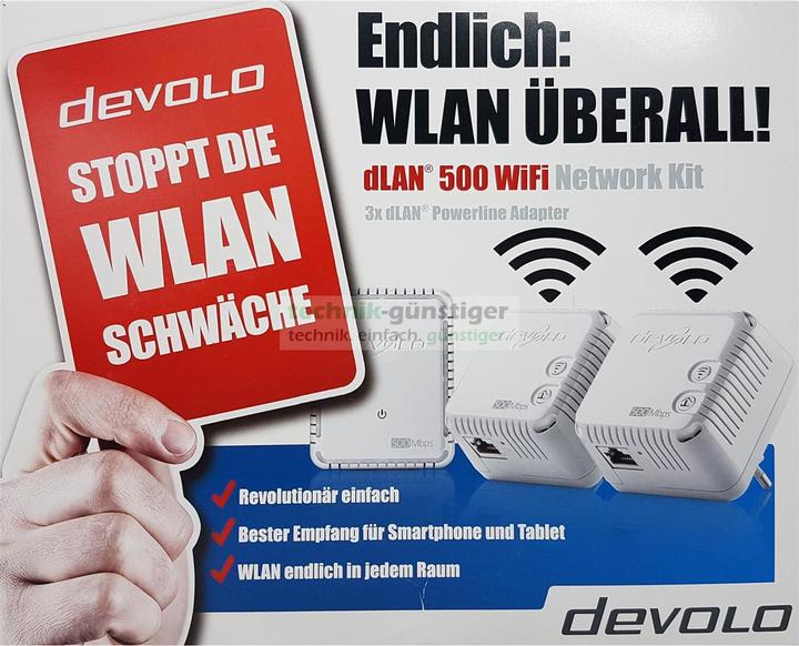Actual product image Devolo dLAN 500 WiFi Powerline Starter Kit 3 adapters (500 Mbit/s)
