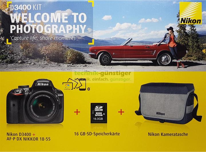 Produktbild Nikon D3400 Kit Spiegelreflexkamera Objektiv 18-55 mm, Tasche, Speicherkarte