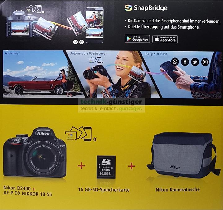 Produktbild Nikon D3400 Kit Spiegelreflexkamera Objektiv 18-55 mm, Tasche, Speicherkarte
