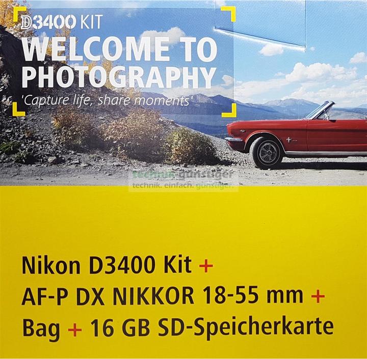 Produktbild Nikon D3400 Kit Spiegelreflexkamera Objektiv 18-55 mm, Tasche, Speicherkarte