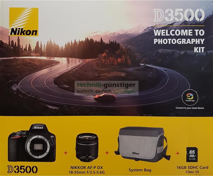 Produktbild Nikon D3500 Spiegelreflexkamera 24.2 Megapixel, 18-55 mm Objektiv, Tasche, Speicherkarte, Schwarz