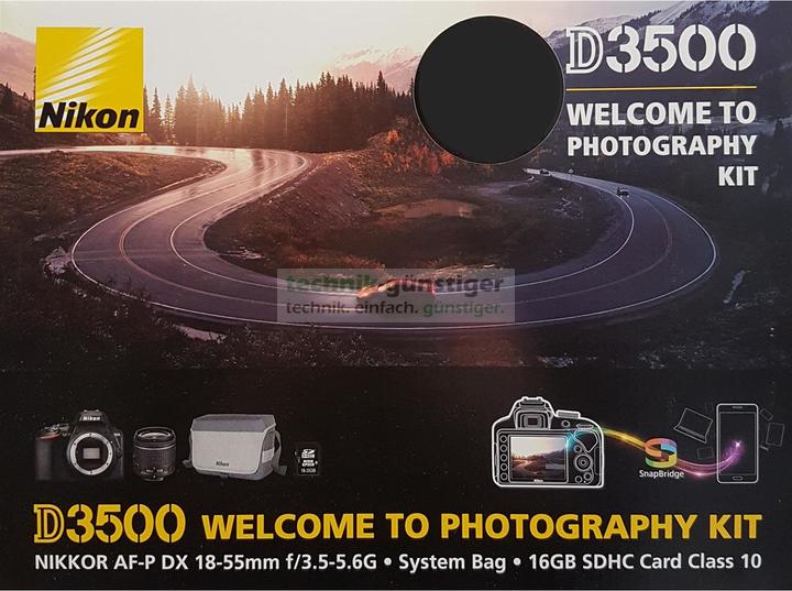 Produktbild Nikon D3500 Spiegelreflexkamera 24.2 Megapixel, 18-55 mm Objektiv, Tasche, Speicherkarte, Schwarz