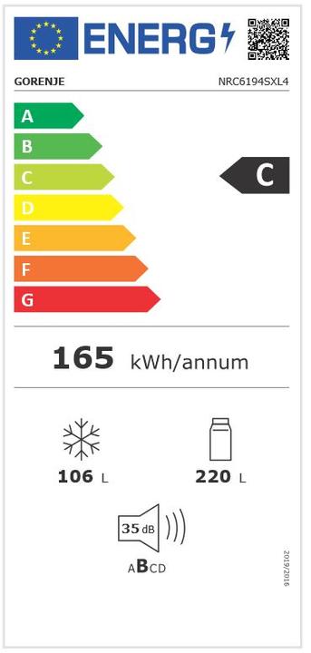 Label énergétique Gorenje Gore K?hGefKo NRC6194SXL4 C Inox 738263 (326 l)