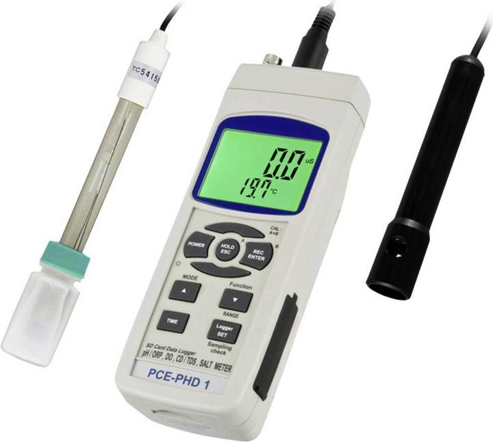 1 x pH-Meter PCE-PHD 1 1 x pH Elektrode 1 x Leitfähigkeitselektrode 1 x SD-Speicherkarte 2 GB 6 x Batterie 1 x Bedienungsanleitung
