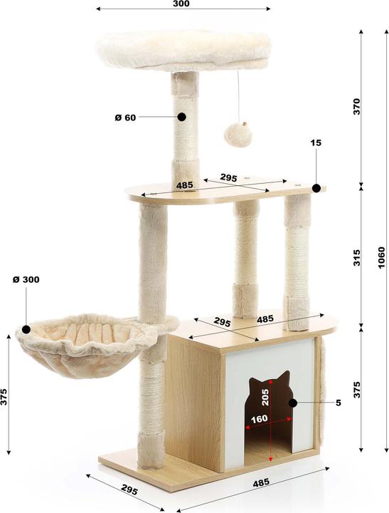 Actual product image Fudajo Cat Tree Wooden Beige 106cm Scratching Post with Cat House Sisal Scratching Trunks and Divans (106 cm, Beige, Wood)