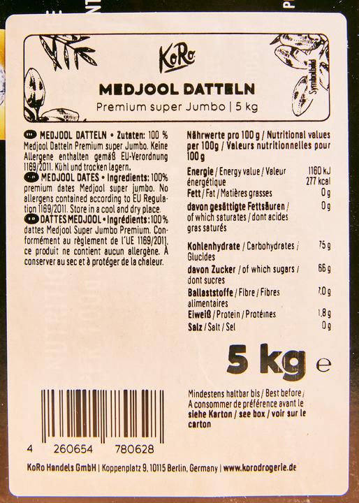 Nährwerte und Zutaten KoRo Medjool Datteln Premium (5000 g)