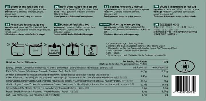 Nutritional values and ingredients Tactical Foodpack Beetroot and Feta Soup (1 Piece, 60 g)