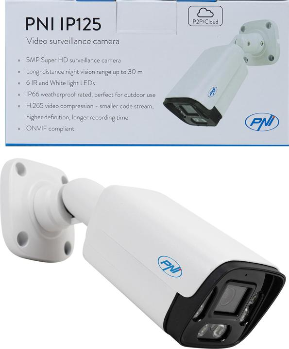 Produktbild PNI IP125 Videoüberwachungskamera mit IP, 5 MP, H.265, ONVIF, Aussen- und Innen-IP66, Personenerkennu