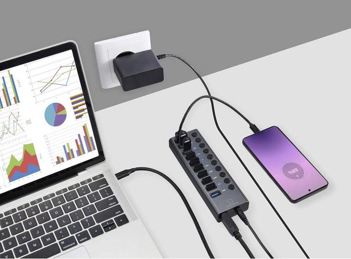 Image du produit Renkforce Commutateur 10 ports USB 3.2 Gen 1 + Hub (USB 3.0) avec boîtier aluminium Argent-Noir (USB-A, 10 Ports)